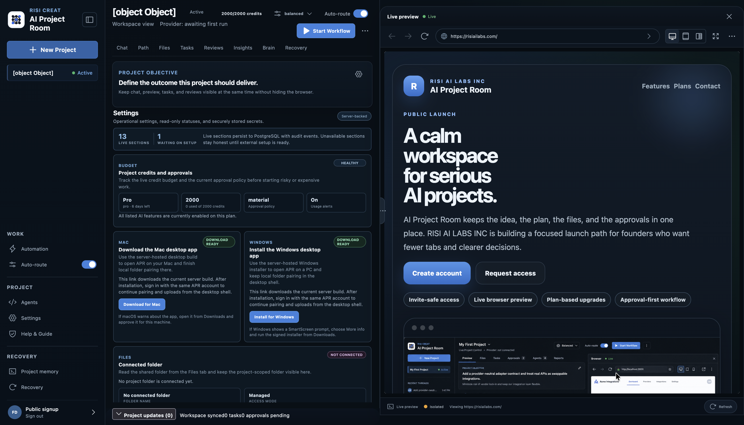 AI Project Room workspace with project controls, tasks, agents, settings, and a live browser preview